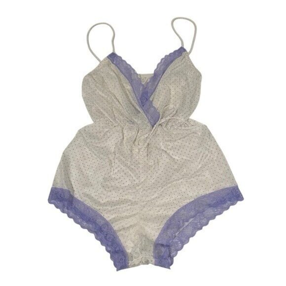 Vintage Union Made Lingerie S Playsuit Sleep Romper Purple Polka Dot Lace USA - Picture 1 of 5